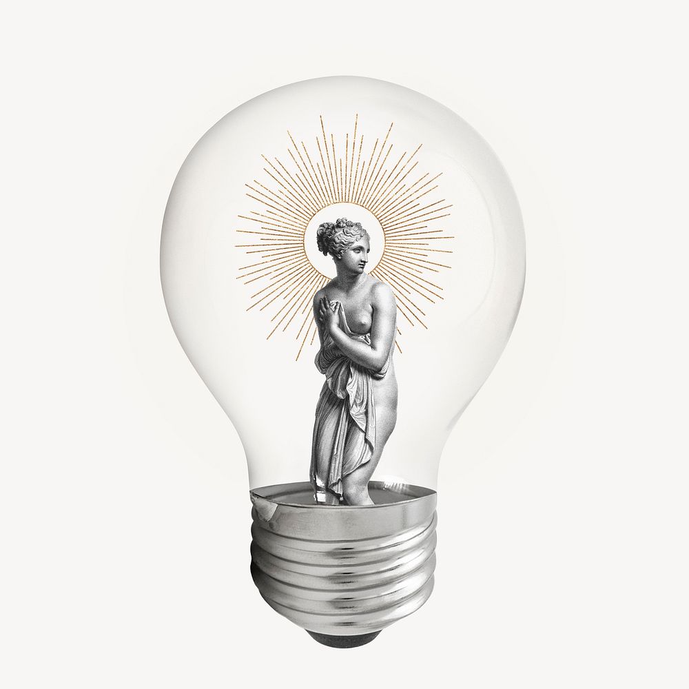 Greek woman, nude statue in light bulb vintage creative remix