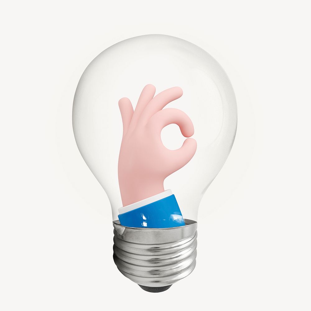 Okay hand sticker, light bulb 3D creative remix psd
