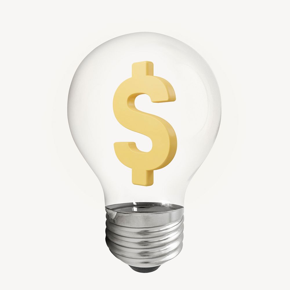 3D dollar sign icon light bulb, currency symbol graphic