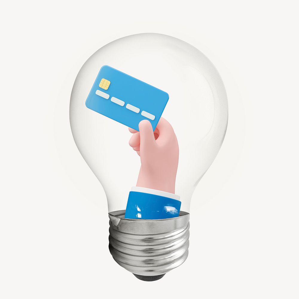 Hand holding credit card sticker, 3D light bulb art psd