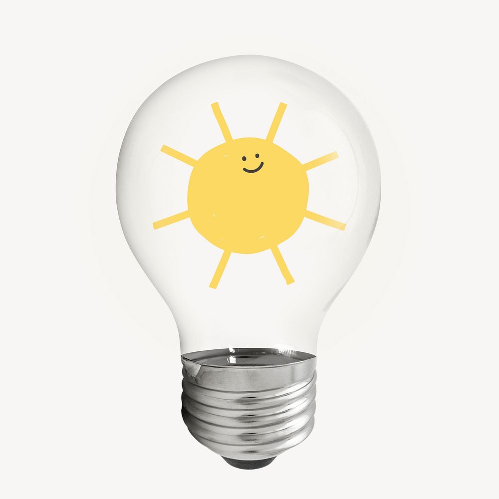 Sun doodle sticker, light bulb weather art psd