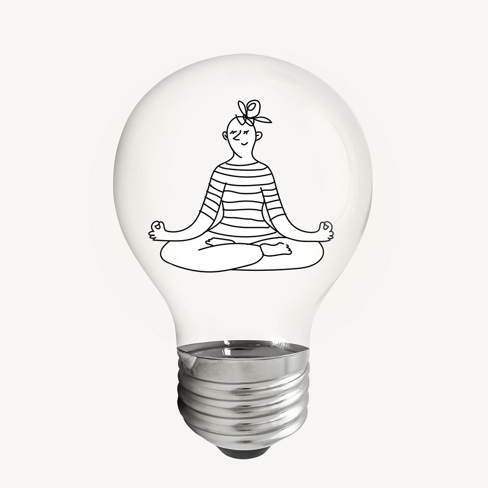 Woman meditating doodle sticker, light bulb wellness creative illustration psd