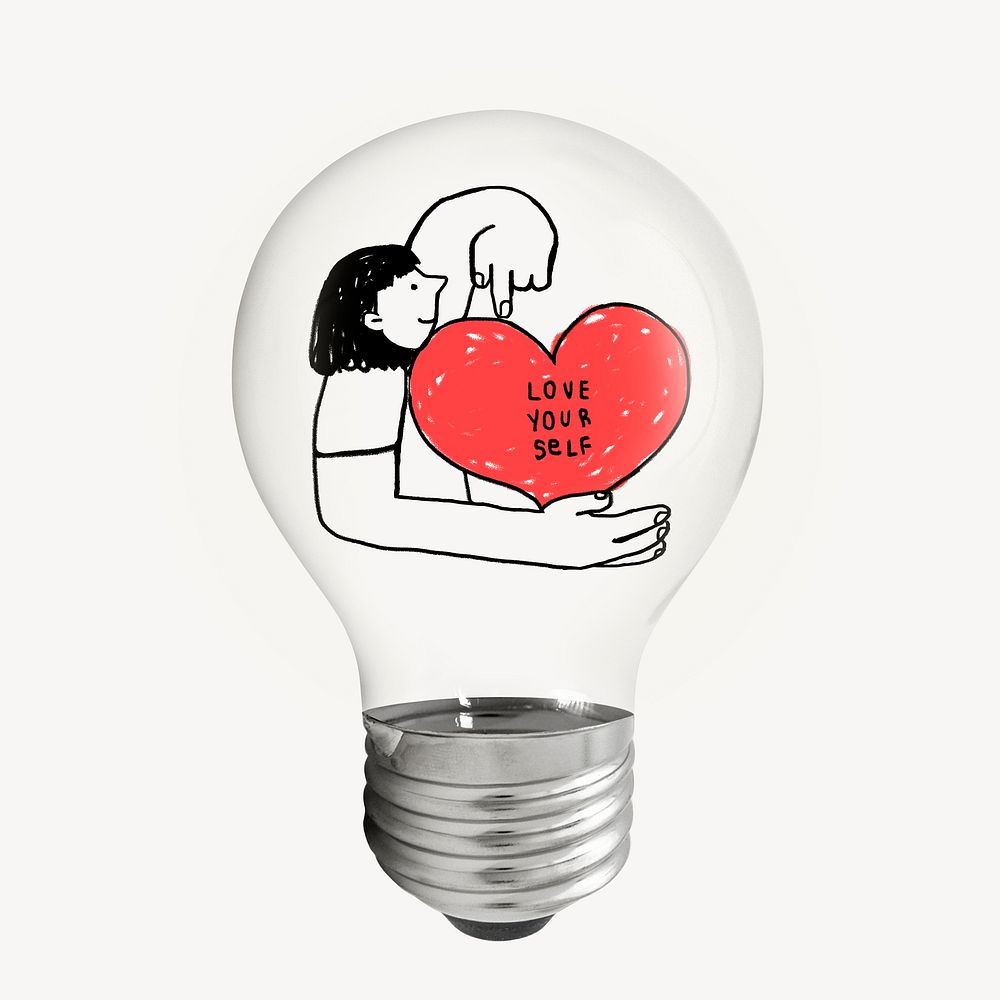 Love Yourself doodle sticker, light bulb self-love creative illustration psd