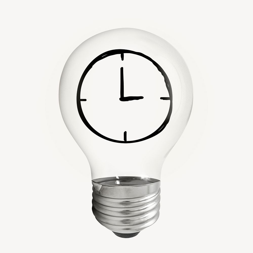 Clock doodle icon light bulb sticker, business symbol graphic psd