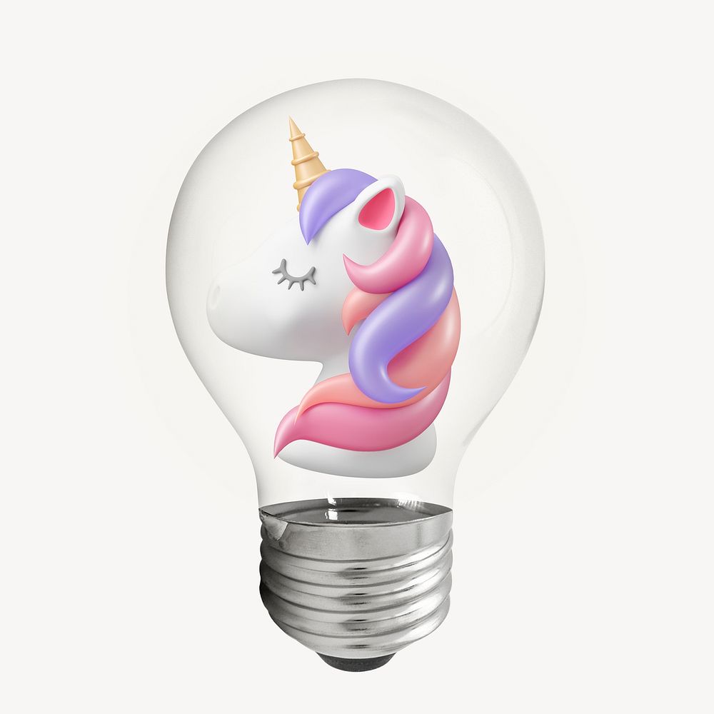 3D unicorn sticker, startup business symbol in light bulb psd