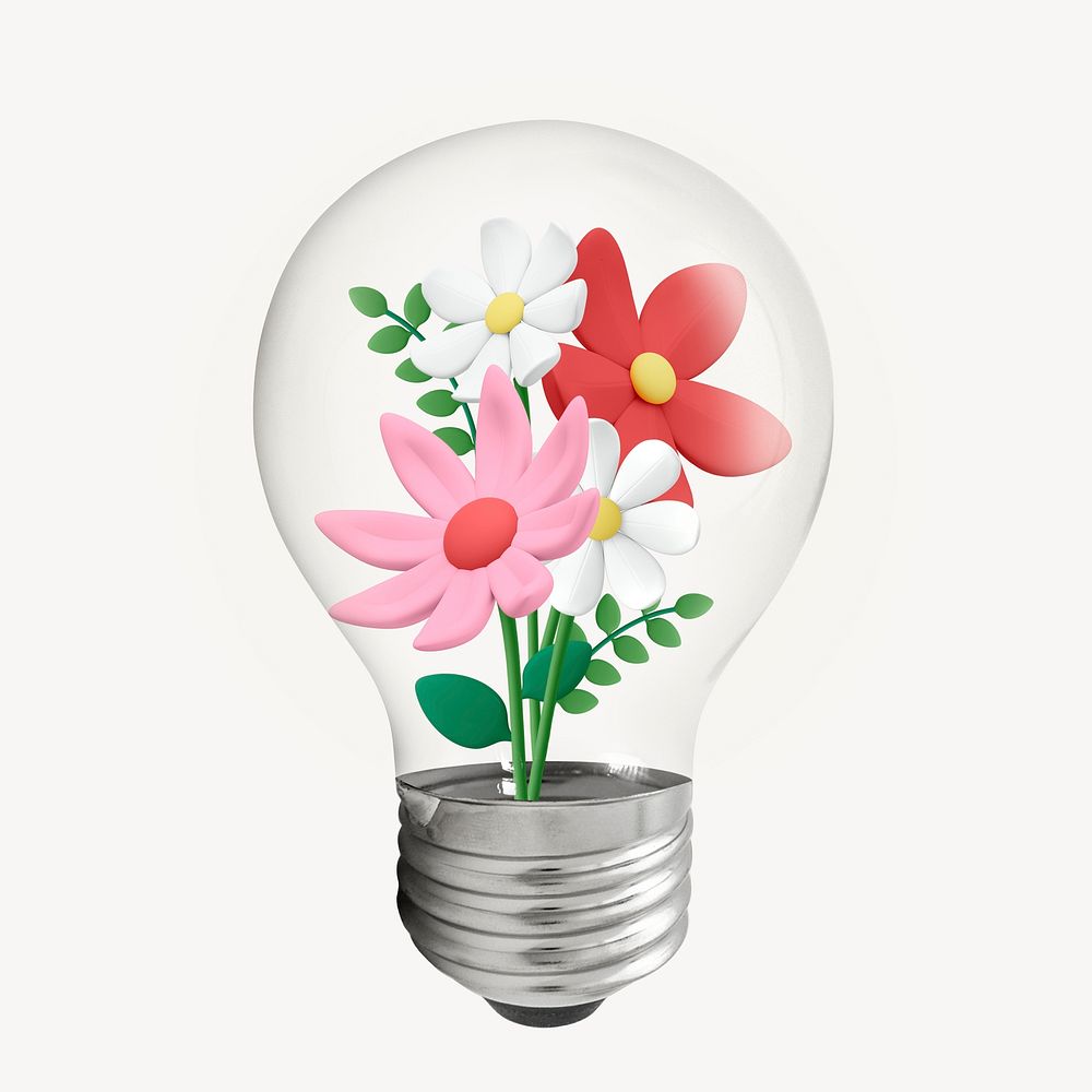 Spring flowers light bulb, 3D botanical graphic psd