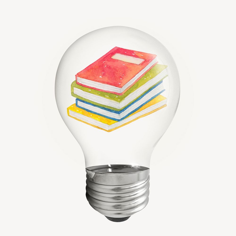 Watercolor books sticker, light bulb stationery creative illustration psd