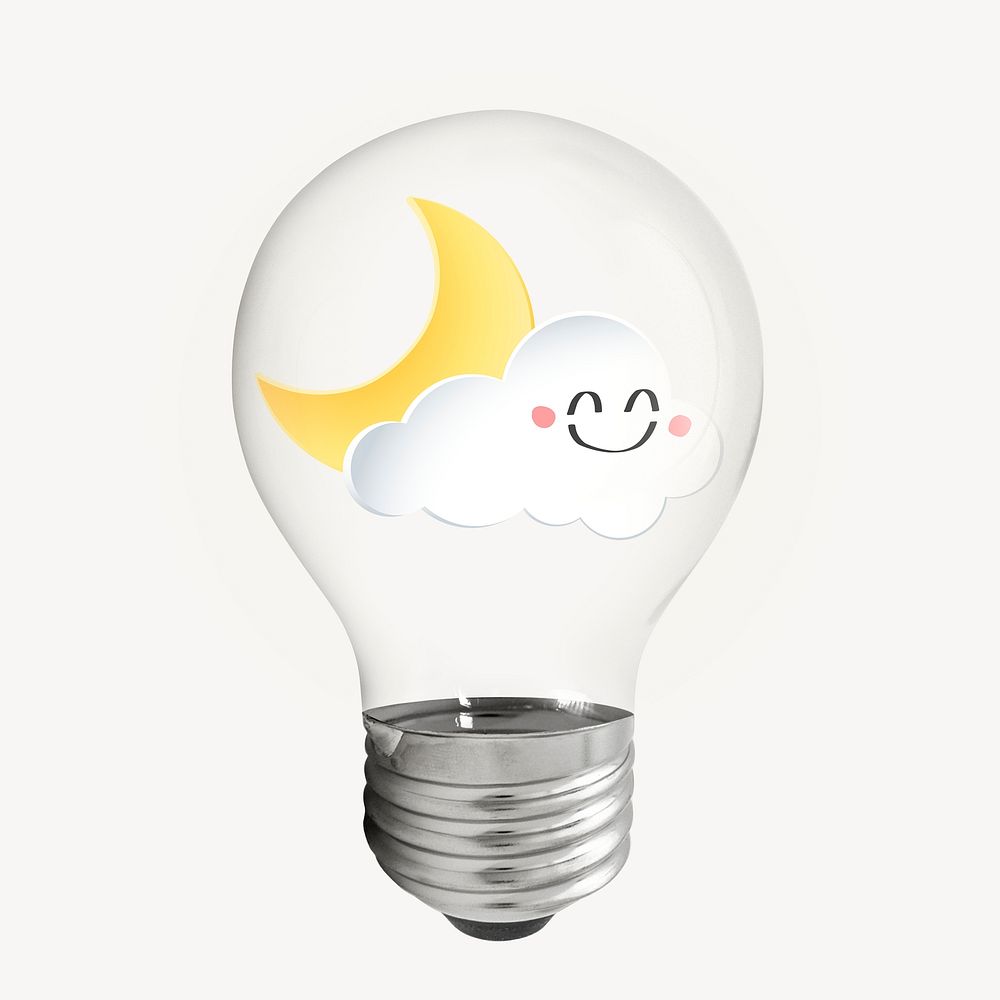 Crescent moon and cloud sticker, light bulb weather art psd
