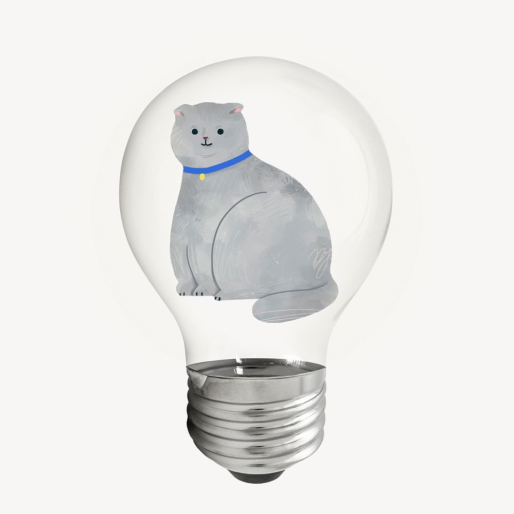 Cute cat sticker, light bulb pet creative illustration psd