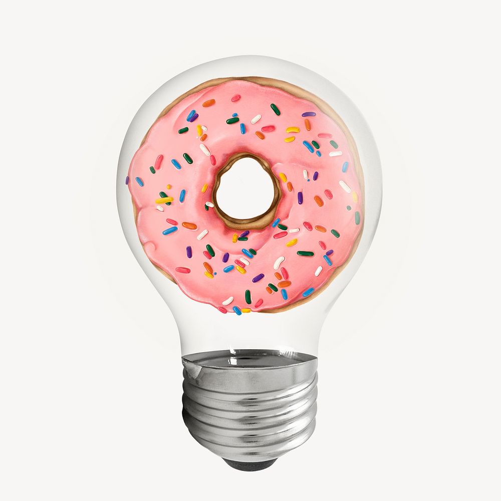 Donut in light bulb sticker, food aesthetic illustration psd