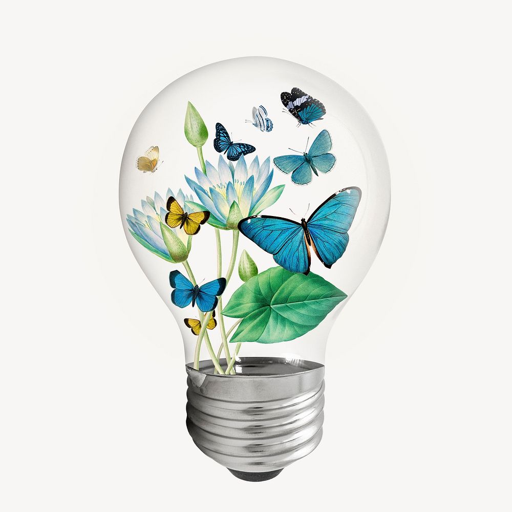 Spring flowers light bulb, blue botanical graphic