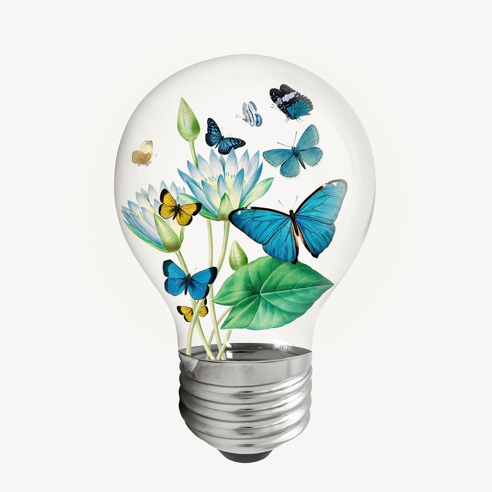 Spring flowers light bulb, blue botanical graphic psd