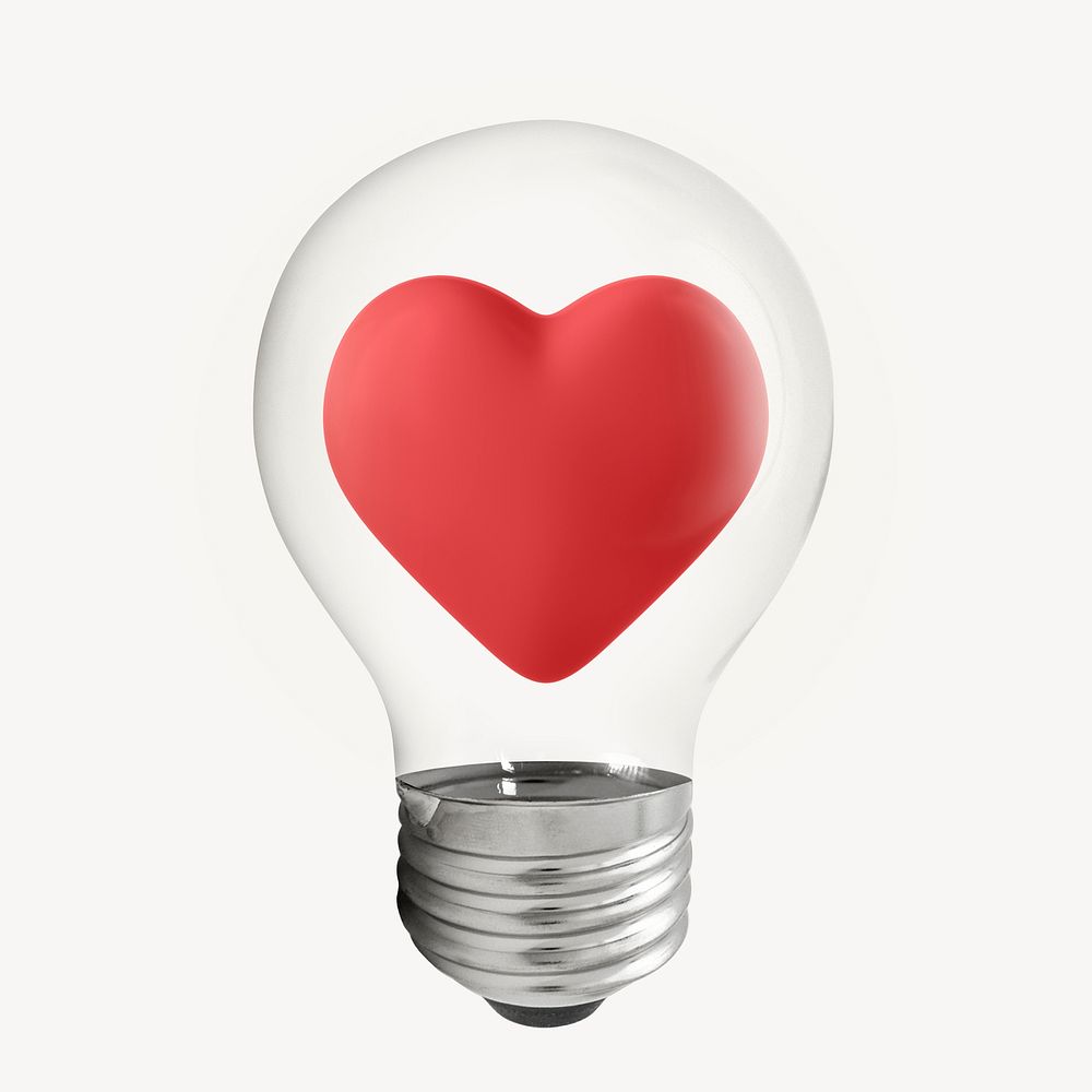 3D heart icon light bulb sticker, love symbol graphic psd