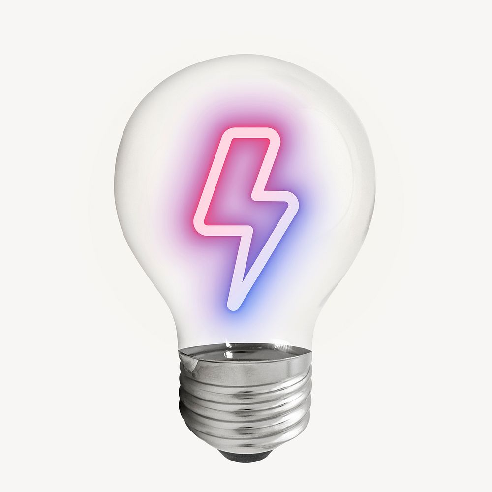 Neon lightning bolt icon in light bulb, electricity symbol 