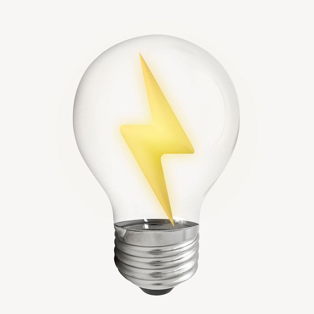 3D lightning bolt icon in light bulb, electricity symbol 