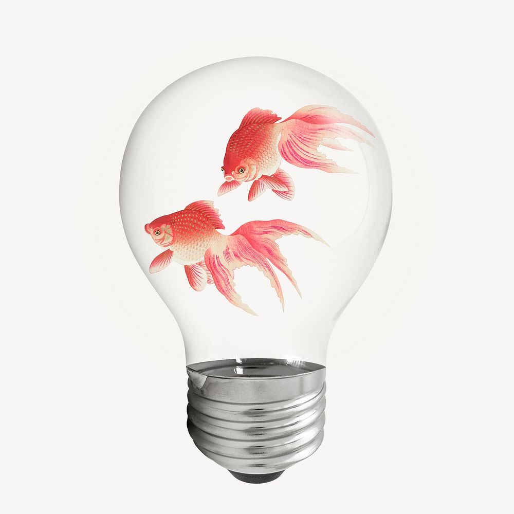 Gold fish sticker, light bulb animal creative remix psd