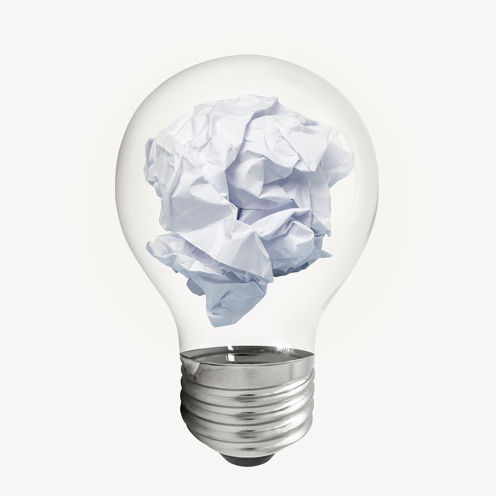 Crumpled paper sticker, light bulb stationer creative remix psd