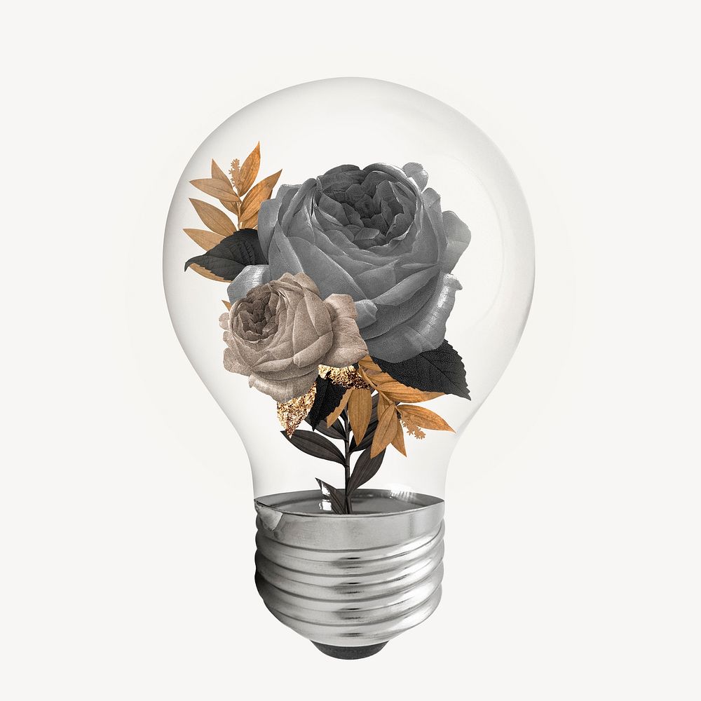 Black roses flower light bulb, botanical aesthetic graphic