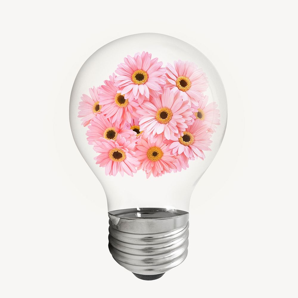 Pink gerbera flowers light bulb, Spring aesthetic graphic
