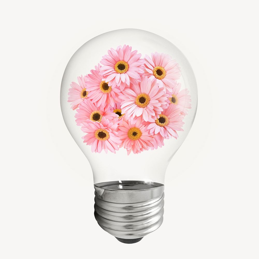 Pink gerbera flowers light bulb, Spring aesthetic graphic psd