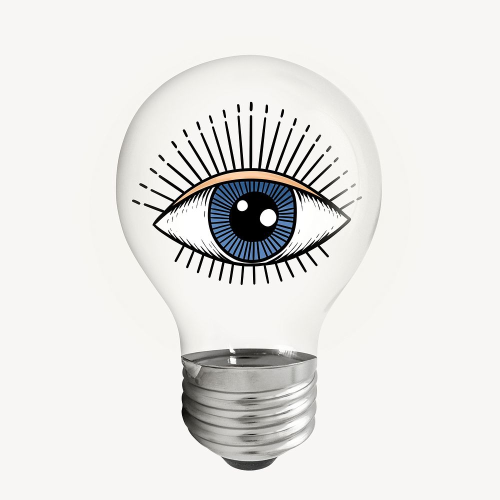Observing eye sticker, light bulb trippy creative remix psd