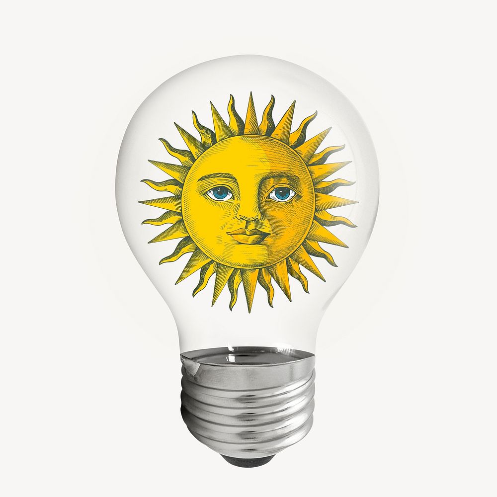 Celestial sun sticker, light bulb art psd