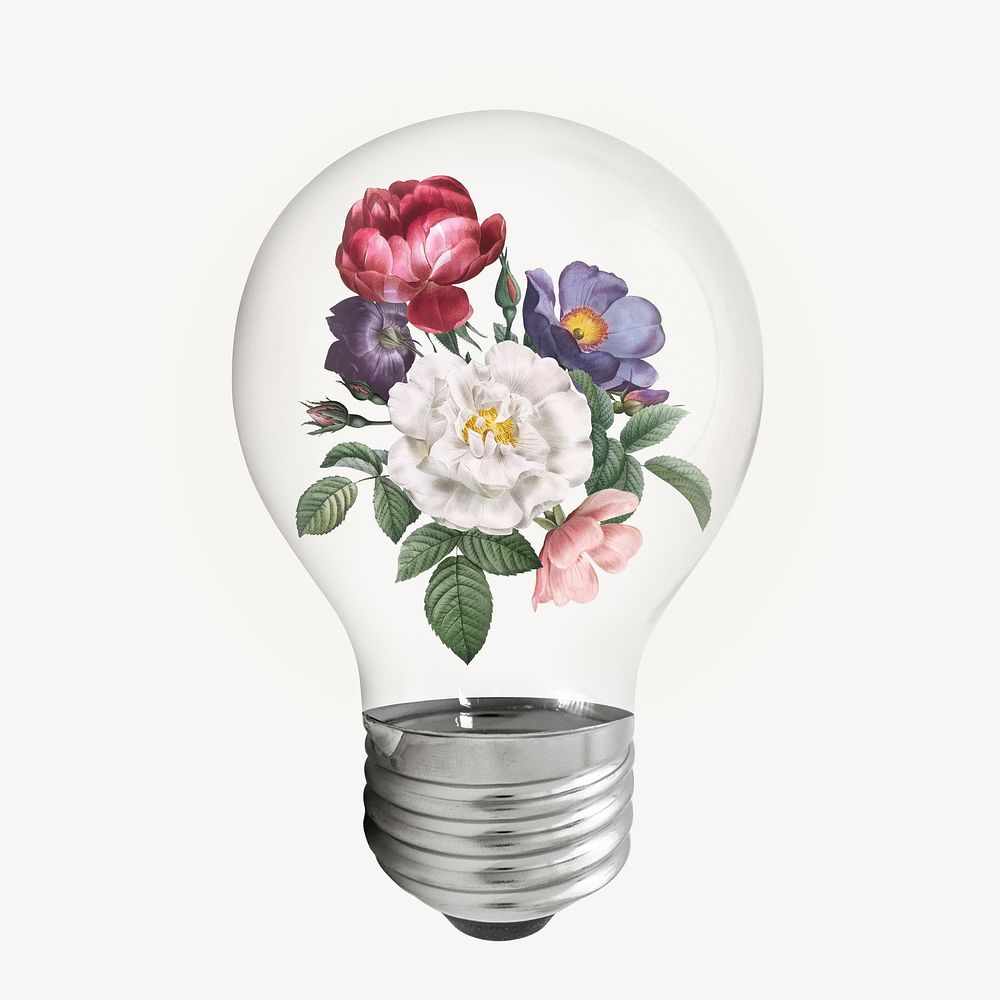 Spring flowers light bulb, vintage botanical illustration