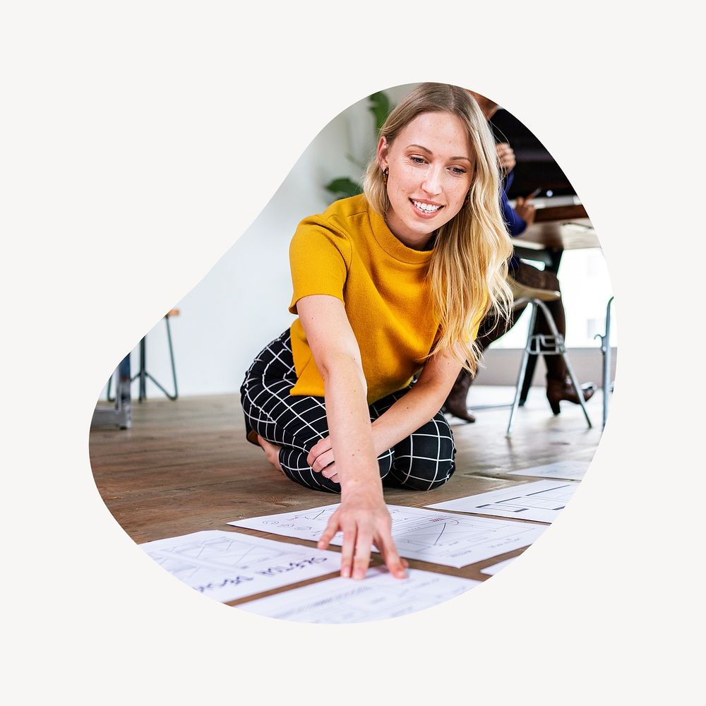 Businesswoman planning project badge, job photo in blob shape