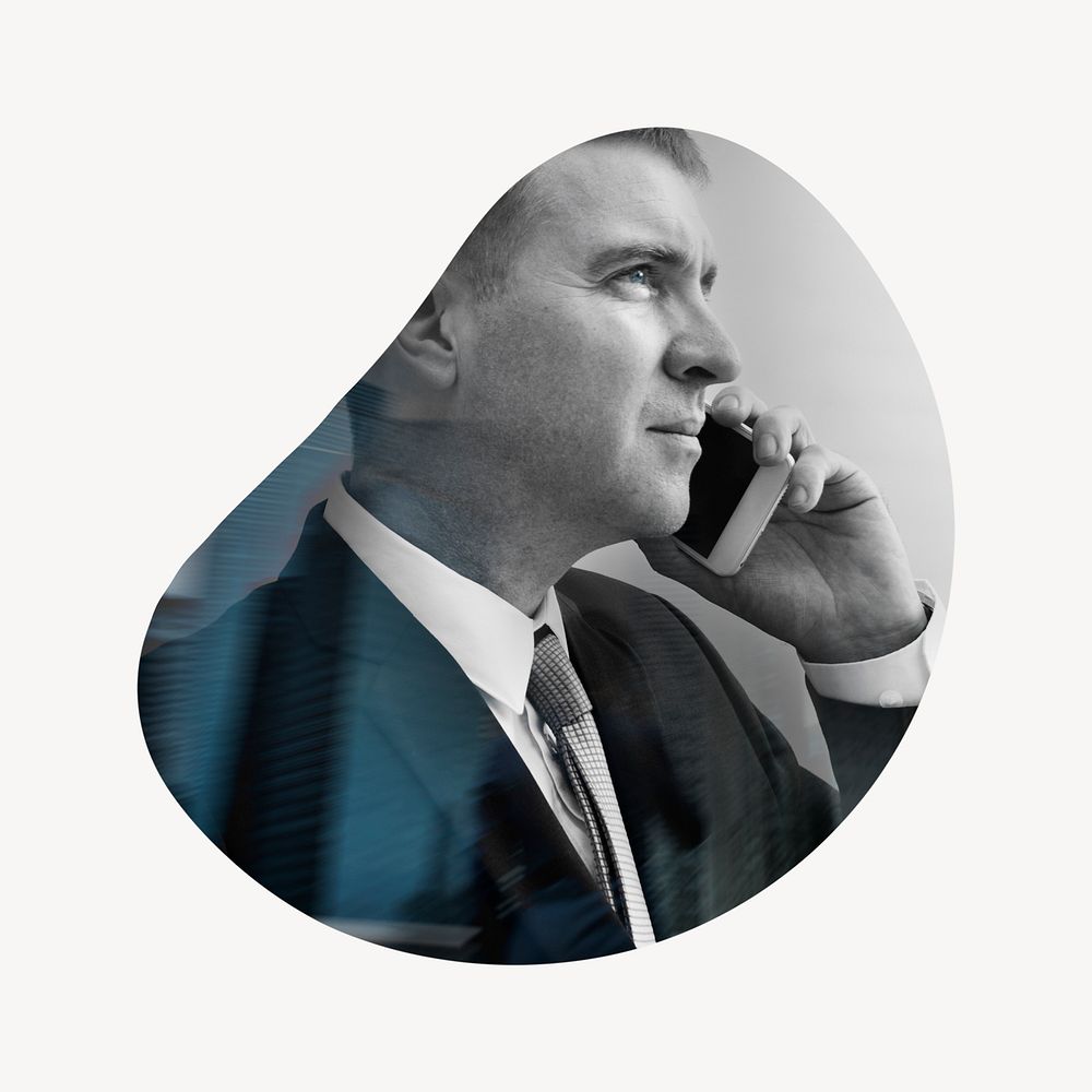 Businessman talking on phone badge, connection photo in blob shape