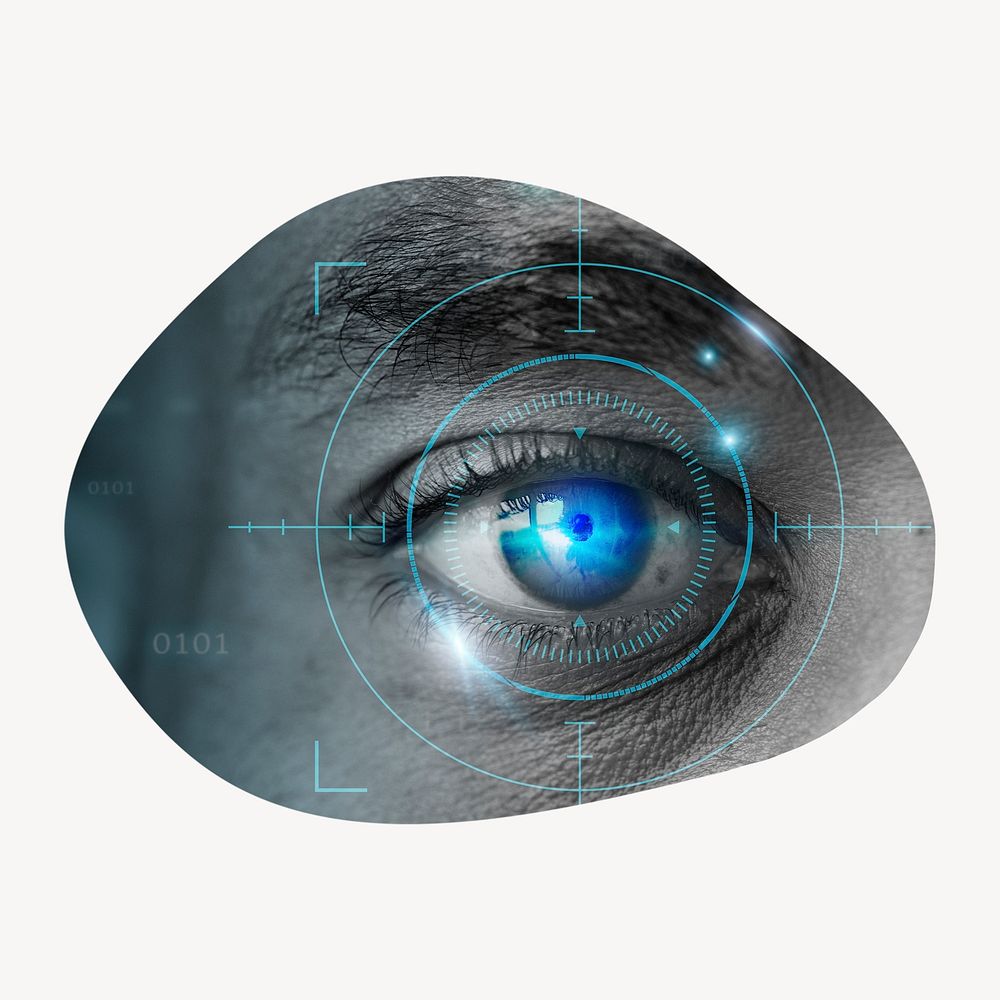 Biometric scan badge, futuristic technology remixed media photo in blob shape