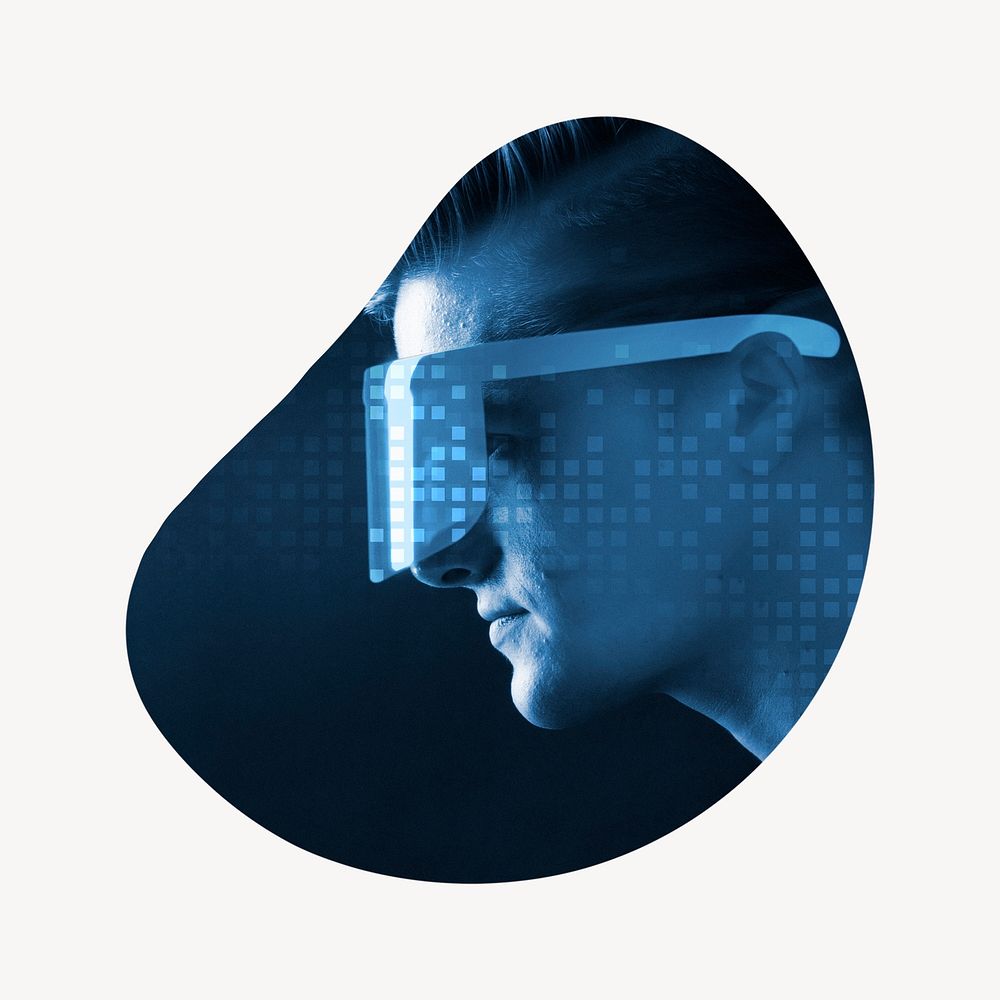 Smart glasses badge, futuristic technology remixed media photo in blob shape