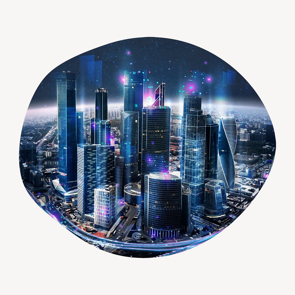 Smart city badge, futuristic technology remixed media photo in blob shape