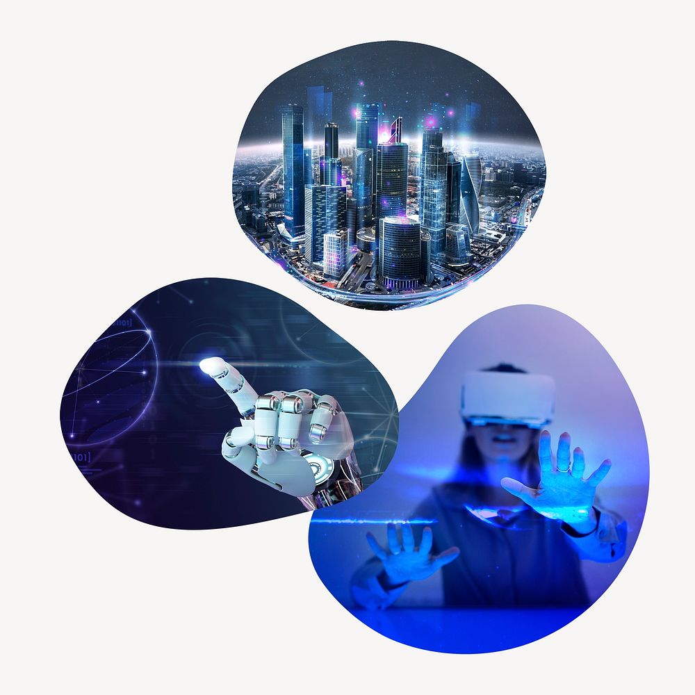 Futuristic technology badge, smart city, AI, VR remixed media photo in blob shape