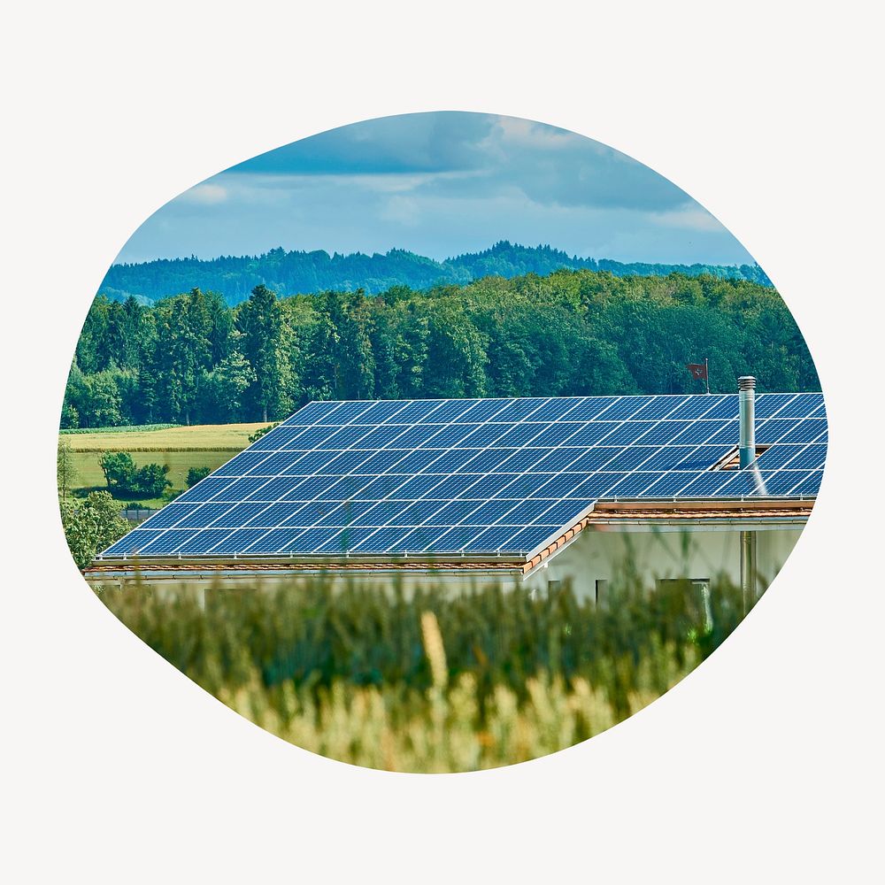 Solar panel badge, sustainable environment photo in blob shape