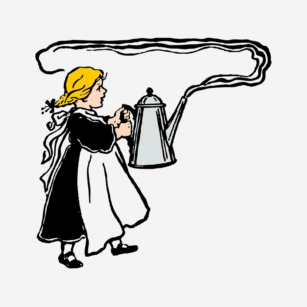 Girl carrying kettle drawing, vintage illustration. Free public domain CC0 image.