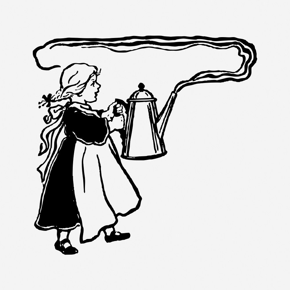 Girl carrying kettle drawing, vintage illustration. Free public domain CC0 image.