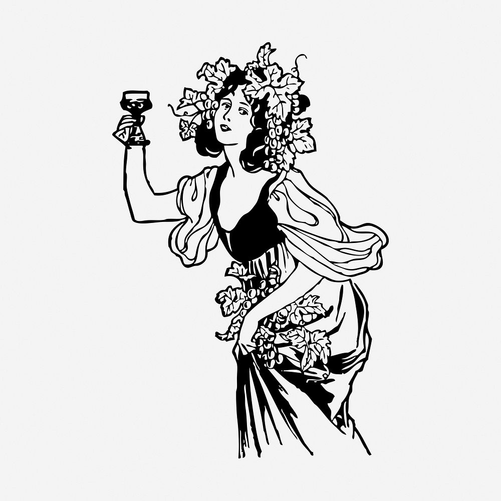 Woman drinking wine drawing, vintage illustration. Free public domain CC0 image.