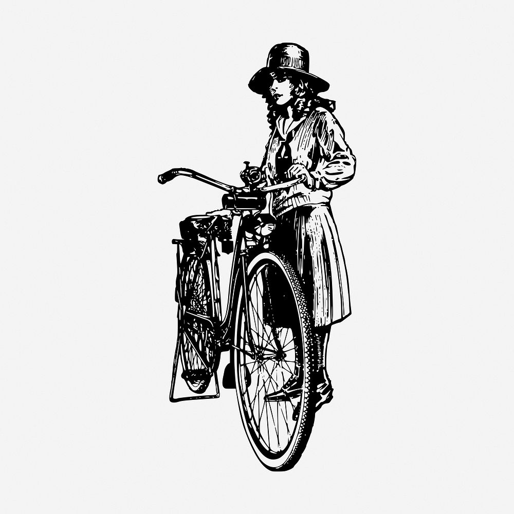 Lady with bicycle drawing, vintage vehicle illustration. Free public domain CC0 image.