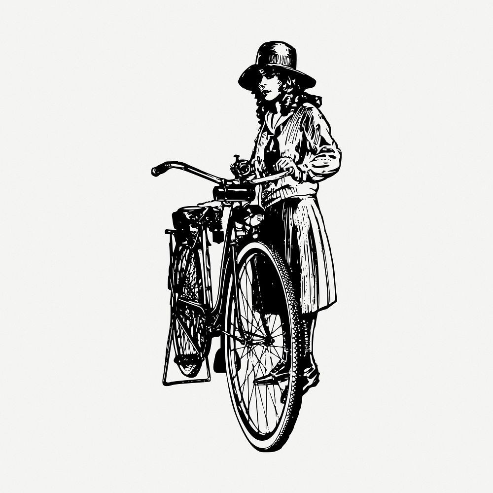 Lady with bicycle drawing, vintage vehicle illustration psd. Free public domain CC0 image.