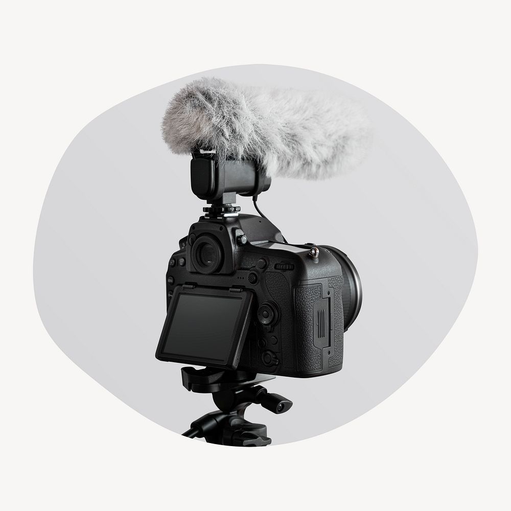 DSLR camera with mic badge, media photo in blob shape