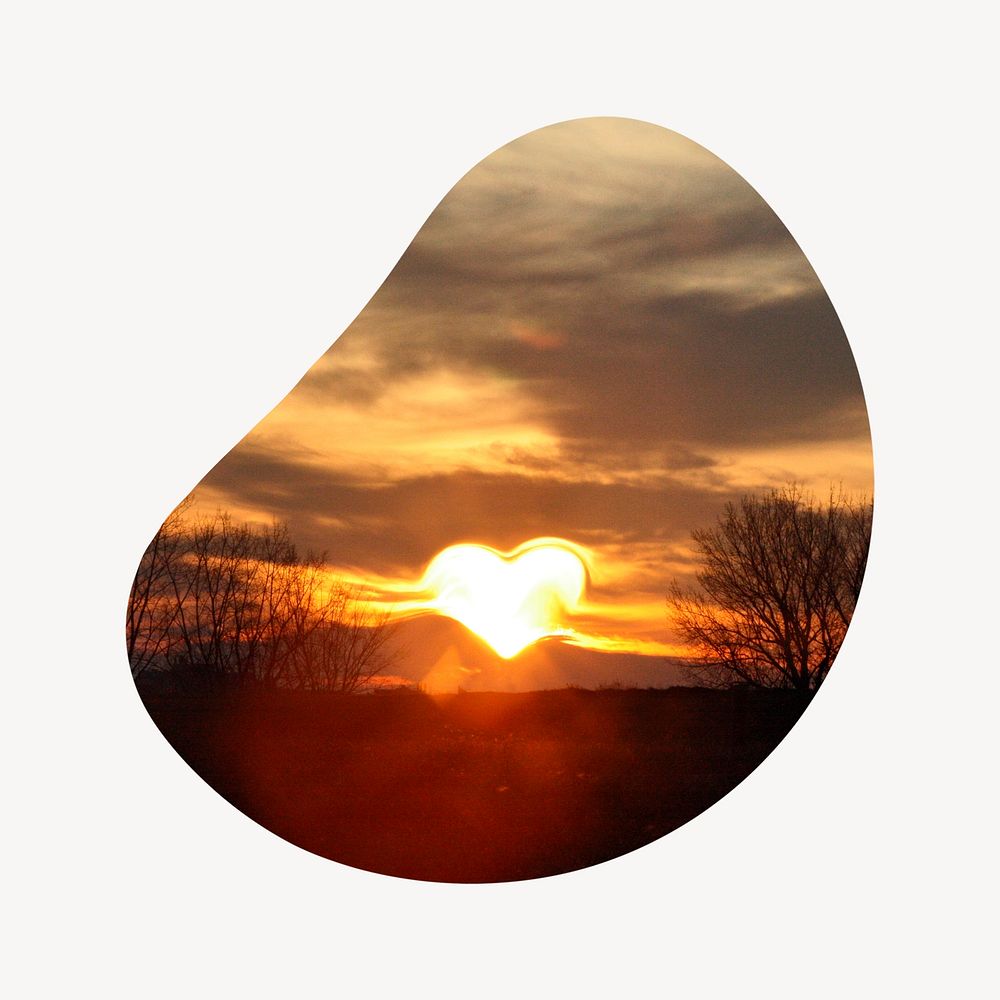 Heart sunset sky badge, nature photo in blob shape
