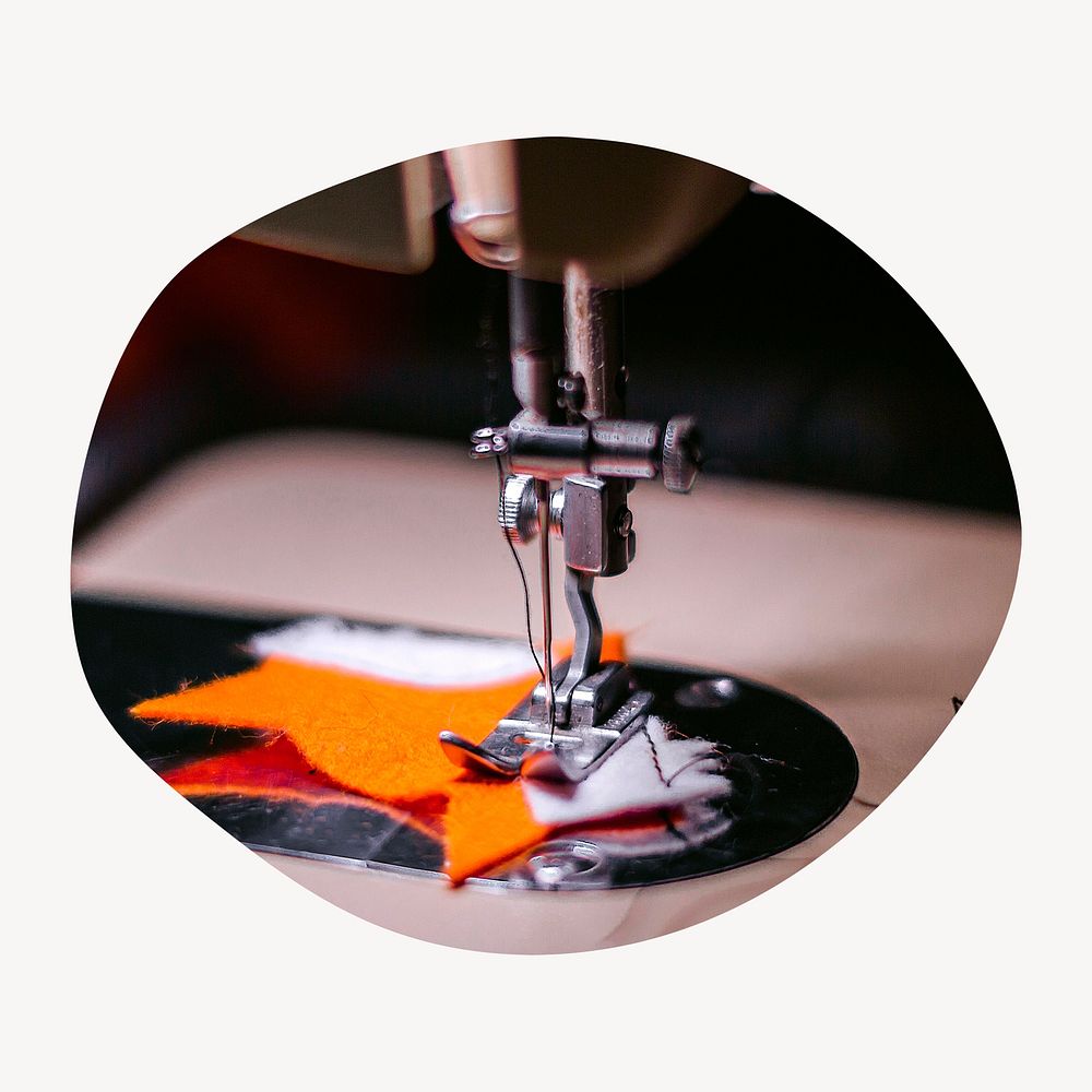 Fashion designer job badge, sewing machine photo in blob shape