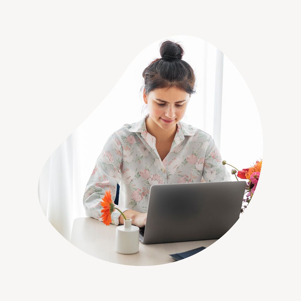 Woman working on laptop badge, job photo in blob shape