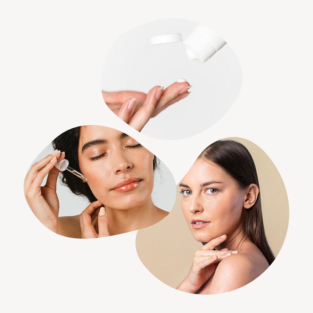 Skincare routine badge, beauty photo in blob shape