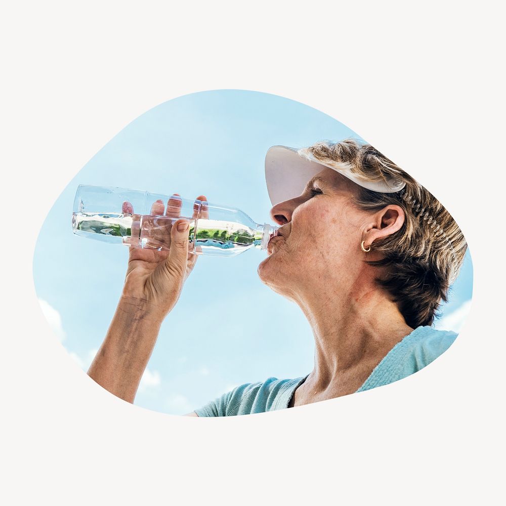 Senior woman drinking water badge, wellness photo in blob shape