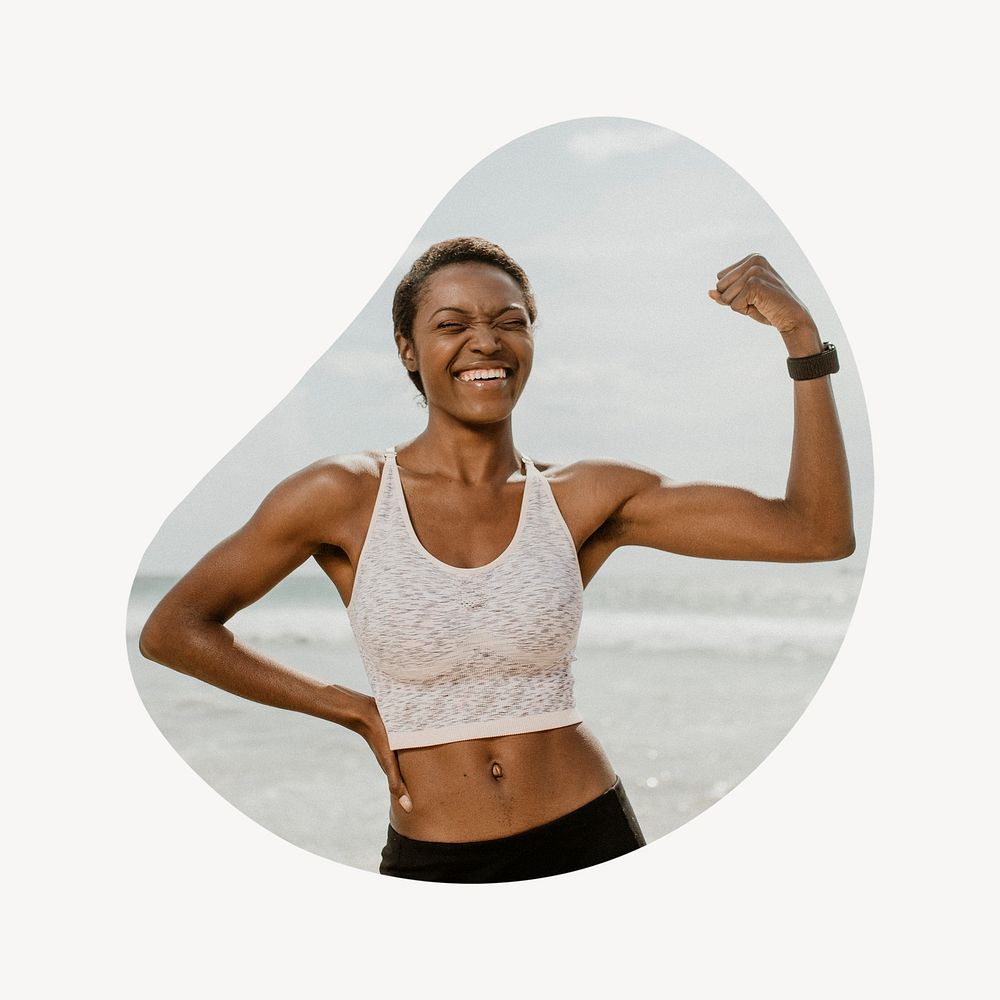 Healthy woman flexing muscle badge, wellness photo in blob shape
