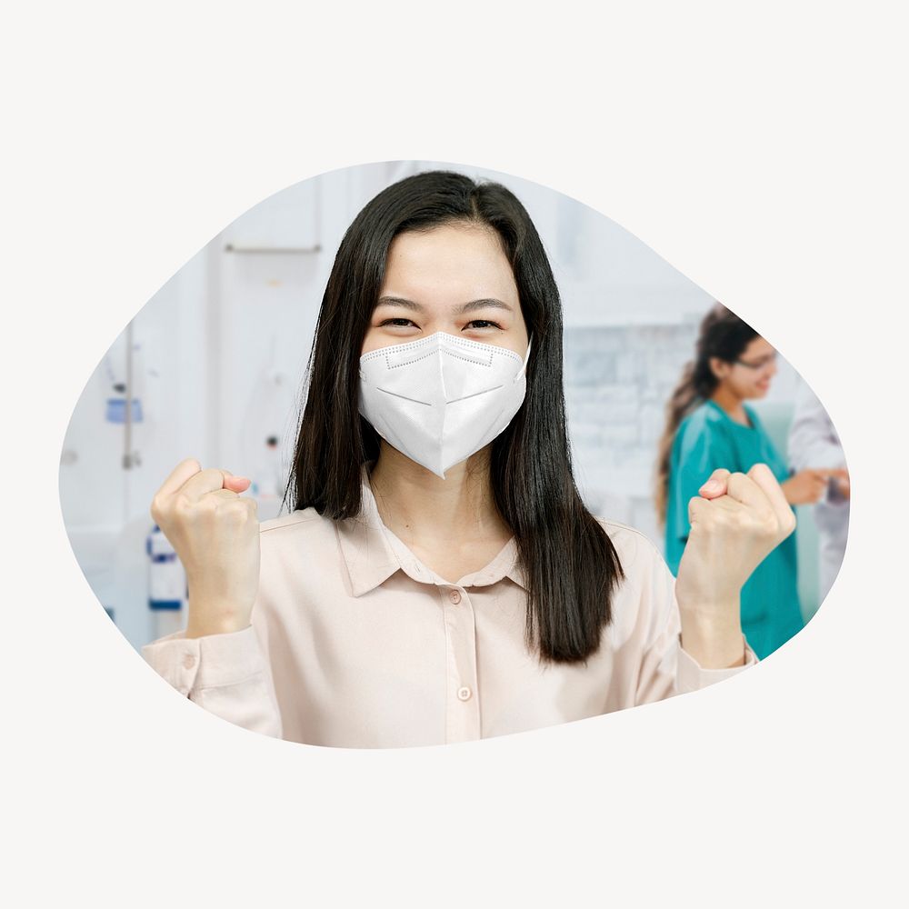 Cheerful woman wearing mask badge, COVID-19 safety photo in blob shape