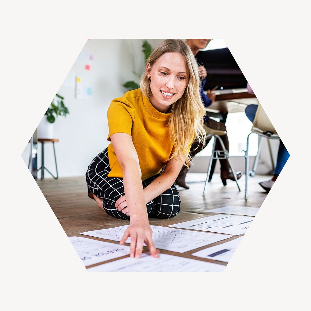 Businesswoman planning project badge, job photo in hexagon shape