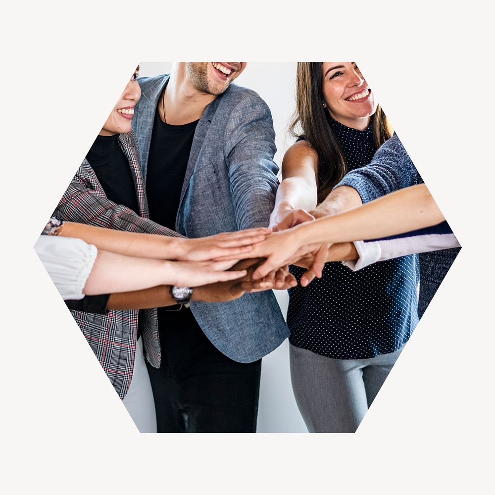 Teamwork, joined hands badge, business people photo in hexagon shape
