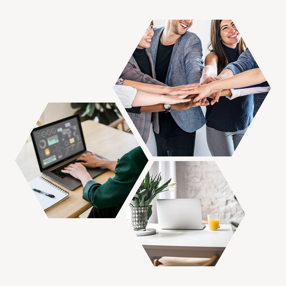 Startup company teamwork badge, business photo in hexagon shape